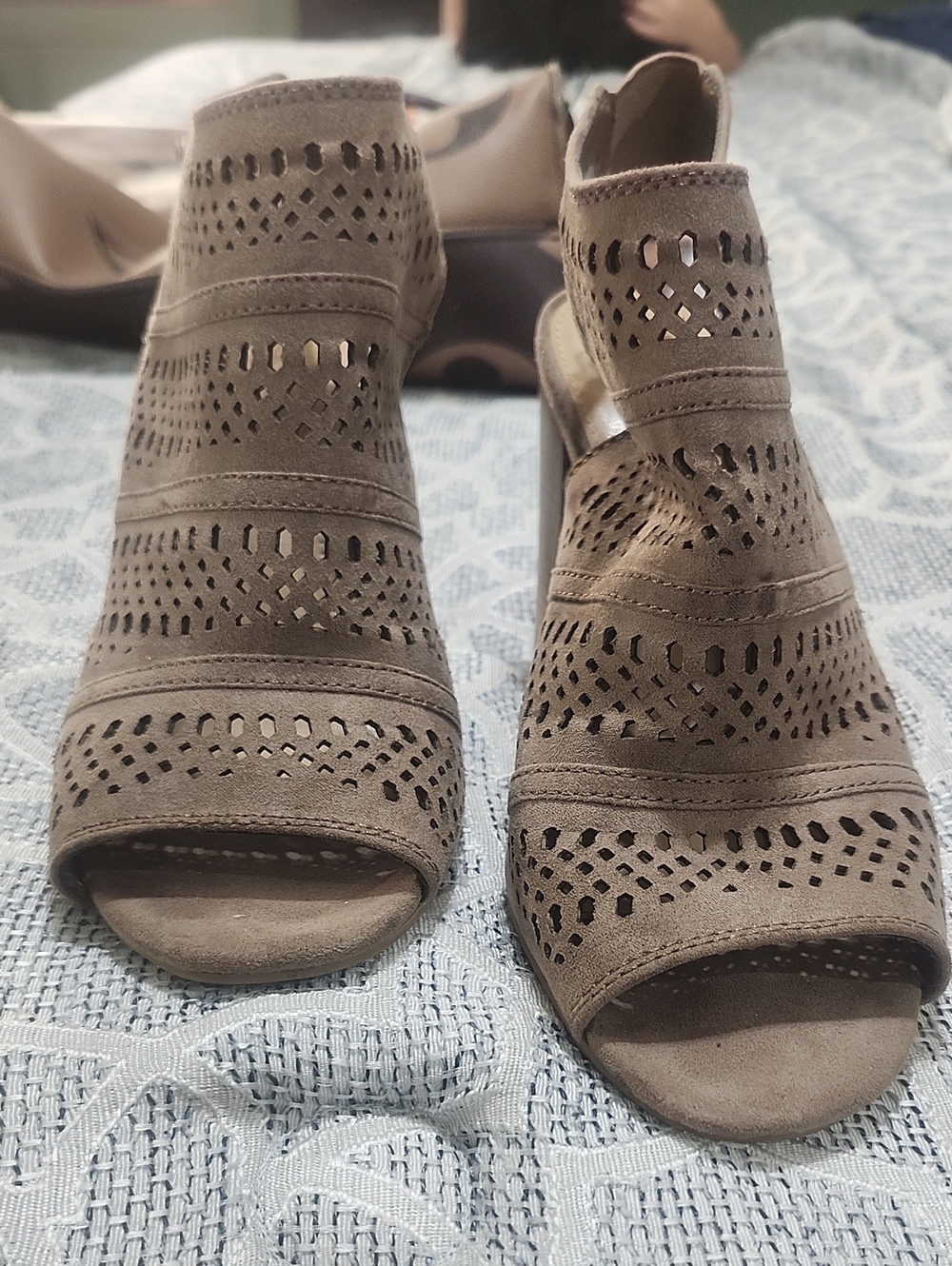 LC Lauren Conrad Taupe Laser-Cut Peep-Toe Mules